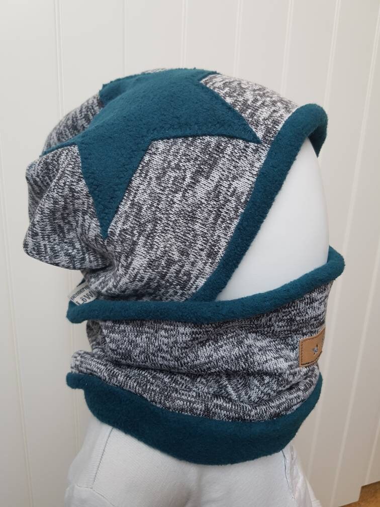 Winter'beanie Mütze + Loopschal Set Gr 40-57cm Jungsmütze Kindermütze Strickfleece Stern Grau Petrol Getigerter-Löwe Wintermütze von GetigerterLoewe