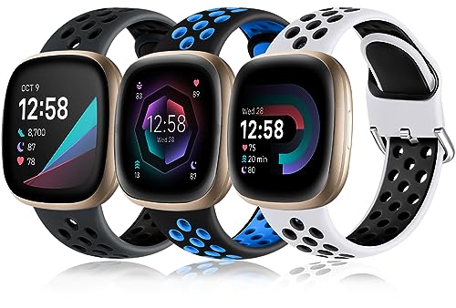 Getino Kompatibel mit Fitbit Versa 3 Bänder, Fitbit Sense Bands Damen Herren, atmungsaktiv, langlebig, Ersatz Sport Silikon Armbänder Zubehör Band mit Luftlöchern, groß klein, Large, von Getino