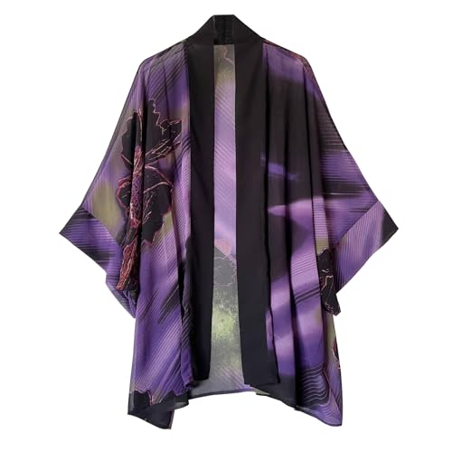 Damen Bohemian Chiffon Kimono Cardigan Strand Cover Up Bikini Schal Bluse für Bademode Beachwear, Streifen lila Blumenmuster, Einheitsgröße Mehr von Getitsoon