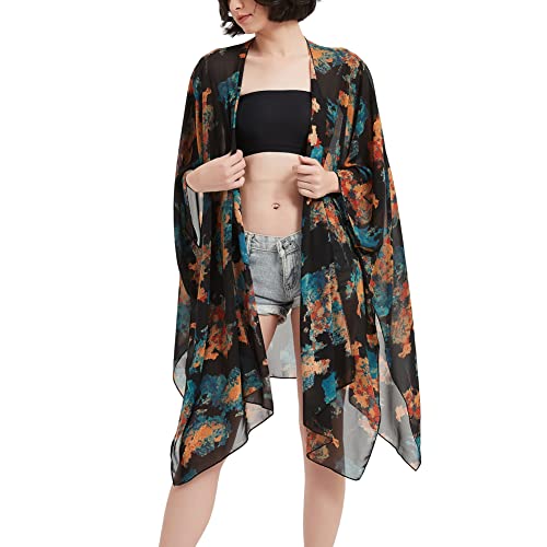 Damen Kimono Cardigan Lang Chiffon Blumen Badeanzug Cover Up Bohemian Beachwear Bikini Schal Tops, Schwarz mit bunter Batikfärbung, Einheitsgröße Mehr von Getitsoon