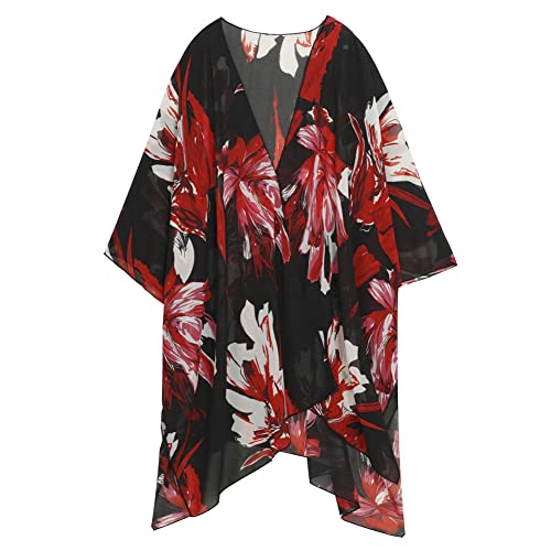 Damen Kimono Cardigan Lang Chiffon Blumen Badeanzug Cover Up Bohemian Beachwear Bikini Schal Tops, Schwarz mit rot-weißem Blumenmuster, Einheitsgröße Mehr von Getitsoon