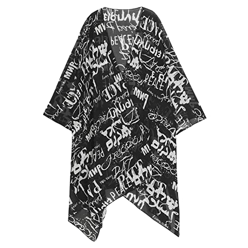 Damen Kimono Cardigan Lang Chiffon Floral Badeanzug Cover up Bohemian Beachwear Bikini Shawl Tops, Schwarz mit weißem Buchstaben, One size von Getitsoon