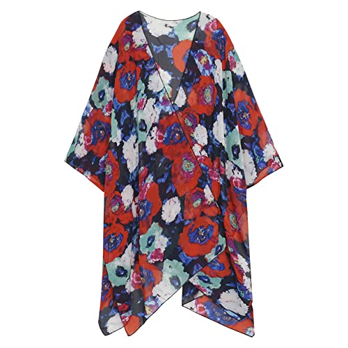 Damen Kimono Cardigan Lang Chiffon Floral Badeanzug Cover up Bohemian Beachwear Bikini Shawl Tops, Roter Farbblock, One size von Getitsoon