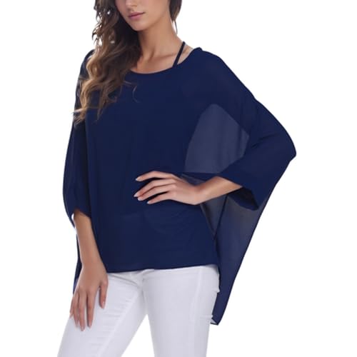 Damen Lose Alicia Blumendruck Chiffon Bluse Fledermausblusen Bohemian Flowy Tops Top T-Shirt, Marineblau, Einheitsgröße Plus von Getitsoon