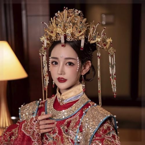 Getrelax Chinesische Hochzeit Braut Haarschmuck - Goldene Blume Floral Perlen Flapper Stirnband Jeweled Braut Tiara (Phoenix) von Getrelax