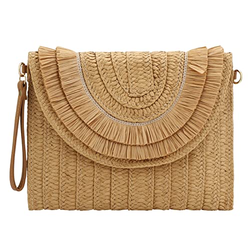 Gets Sommer Handgefertigte Crossbody Tasche Stroh Clutch Umschlag Geldbörse Geldbörse für Frauen, Raffiabast mit Fransen, Khaki, Einheitsgröße von Gets