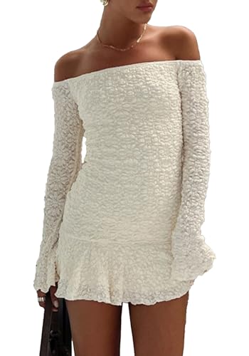 Geulis Damen 2025 schulterfreies Frühlingskleid, langärmelig, Rüschen, figurbetont, Mini-Hochzeitskleid, Weiss/opulenter Garten, Klein von Geulis