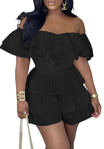 Geulis Damen-Boho-Strampler, schulterfrei, Sommerkleid, Rüschenkleid, kurzärmelig, gestuft, kurz, 1-schwarz, Medium von Geulis