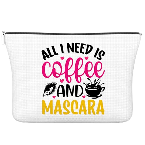 Make-up-Tasche, Weihnachtsgeschenke für Frauen, Mädchen, Schwester, Freunde, Reißverschluss, Kosmetiktasche für Geburtstag, Jahrestag – All I need is coffee and mascara, Weiss/opulenter Garten von Geuro