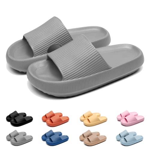 Geweo Badeschuhe Hausschuhe Herren Cozislides Original Damen Pillow Cloud Slippers Sommer Rutschfeste Dicker Sohle Weich Wolken Pantoletten Unisex Garten Dusche Strand Slides Sandalen Grau EU 38-39 von Geweo