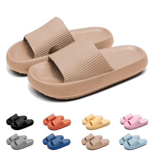 Geweo Badeschuhe Hausschuhe Herren Cozislides Original Damen Pillow Cloud Slippers Sommer Rutschfeste Dicker Sohle Weich Wolken Pantoletten Unisex Garten Dusche Strand Slides Sandalen Khaki EU 36-37 von Geweo