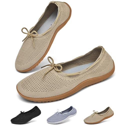 Geweo Damen Ballerina Elegant Slip On Ballerinas Barfußschuhe Flache Barfuss Schuhe Sommer Barfuß Ballerina für Frauen Ballett Flat Damenschuhe Leicht Bequem Strick Kleid Walking Slippers Beige 39 EU von Geweo