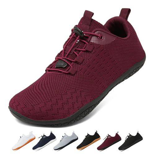 Geweo Barfuss Schuhe Dame Herren Sommer Atmungsaktiv Barfußschuhe mit Weit Zehenbox für Sport Fitness Gym Schuhe Leicht Bequeme Joggingschuhe Minimalist Turnschuhe Zero-Drop Solhe Unisex Weinrot 44EU von Geweo