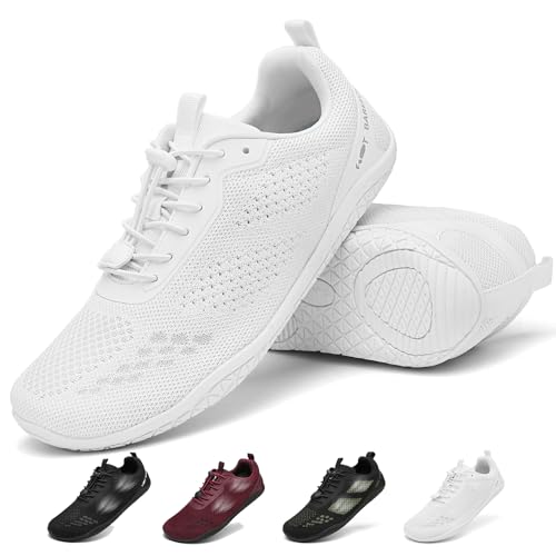 Geweo Barfuss Schuhe Damen Sommer Bequem Barfußschuhe Herren Breite Zehenbox Barfuß Sneaker für Crossfit Fitnesss Atmungsaktiv Sportschuhe Zero-Drop Sohle Minimalistische Turnschuhe Unisex Weiß 45EU von Geweo