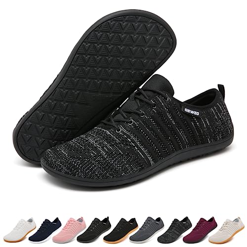 Geweo Barfußschuhe Herren Bequeme Barefoot Shoes Men mit Breite Füße Barfuss Schuhe Damen Leichte Fitnesss Sneaker Trailrunning Schuhe Herren mit Zero-Drop Sohle Zehenschuhe Unisex Schwarzgrau 47EU von Geweo