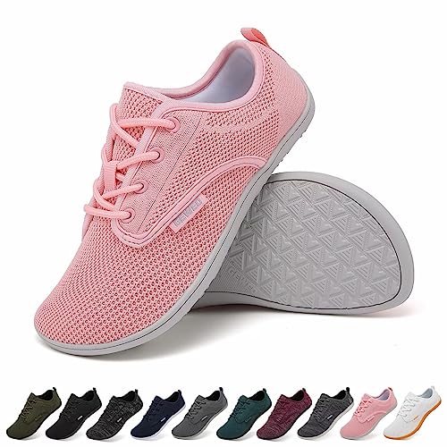 Geweo Barfußschuhe Damen Herren Barfuss Schuhe Barfussschuhe Barefoot Shoes Barfuß Sneaker Fitnessschuhe Bequeme Minimalistische Breite Wide Traillaufschuhe Atmungsaktiv Walkingschuhe, Rosa Gr.42 von Geweo