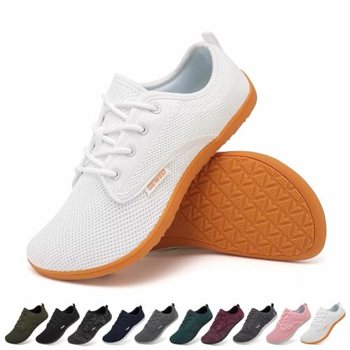 Geweo Barfußschuhe Damen Herren Barfuss Schuhe Barfussschuhe Barefoot Shoes Barfuß Sneaker Fitnessschuhe Bequeme Minimalistische Breite Wide Traillaufschuhe Atmungsaktiv Walkingschuhe, Weiß Gr.42 von Geweo