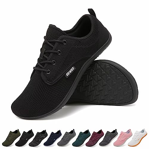 Geweo Barfußschuhe Damen Herren Barfuss Schuhe Barfussschuhe Barefoot Shoes Barfuß Sneaker Fitnessschuhe Bequeme Minimalistische Breite Wide Traillaufschuhe Atmungsaktiv Walkingschuhe, Schwarz Gr.41 von Geweo