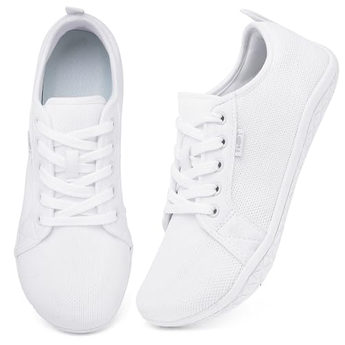 Geweo Barfußschuhe Sneaker Breite Walking Schuhe Barfuss Damen Herren Trail Laufschuhe Minimalistische Fitness Knit Unisex Weit rutschfest Zehenschuhe Zero Drop Solhe Freizeit Weiß 43EU von Geweo
