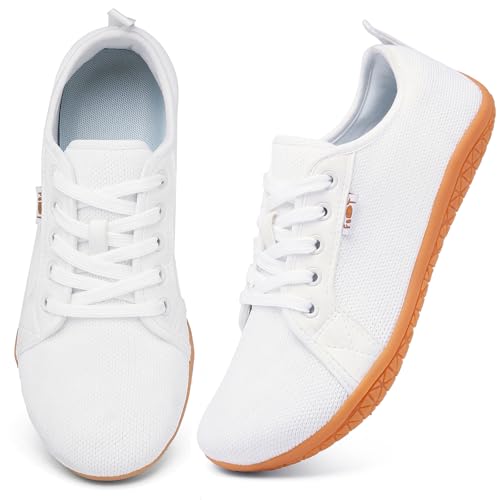 Geweo Barfußschuhe Sneaker Breite Walking Schuhe Barfuss Damen Herren Trail Laufschuhe Minimalistische Fitness Knit Unisex Weit rutschfest Zehenschuhe Zero Drop Solhe Freizeit Weiß Braune 40EU von Geweo