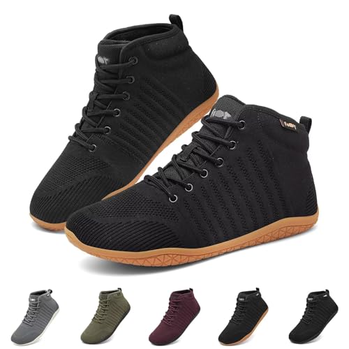 Geweo Barfußschuhe Winter Herren Sneaker Damen Warm Barfuss Schuhe Breite Fitnessschuhe Stiefelette Turnschuhe Gefüttert Bequem Winterschuhe Minimalistische Walking Fitness Rutschfeste Schwarz 38EU von Geweo