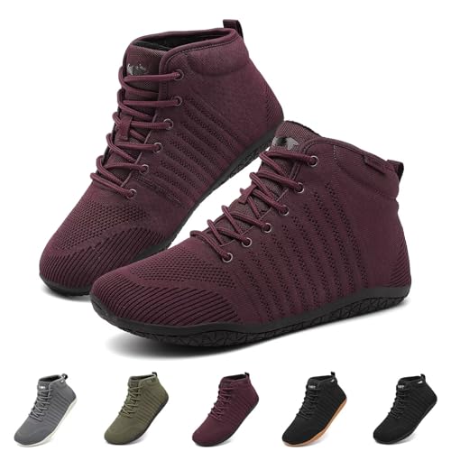 Geweo Winter Barfußschuhe Herren Barfuss Sneaker Barfussschuhe Herbst Schuhe Damen Walkingschuhe Winterschuhe Trail Running Minimalistische Schuhe Rutschfeste Bequem Weinrot 38EU von Geweo