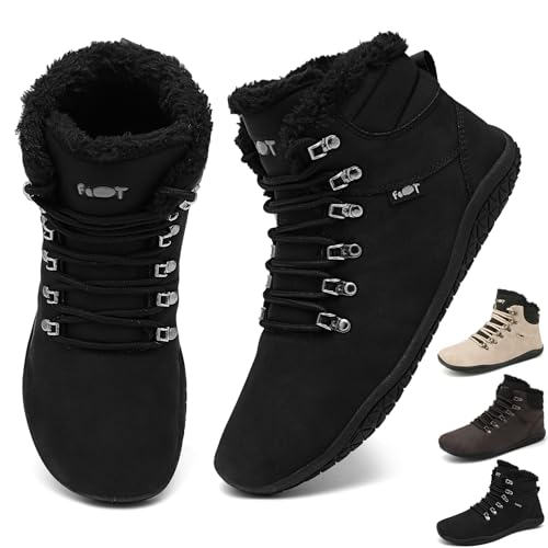 Geweo Barfußschuhe Winter Sneaker Stiefel Breite Walking Schuhe Barfuss Damen Herren Trail Minimalistische Warm Gefüttert Leder Zero Drop Solhe Fitness Weit Rutschfest Wasserabweisend von Geweo