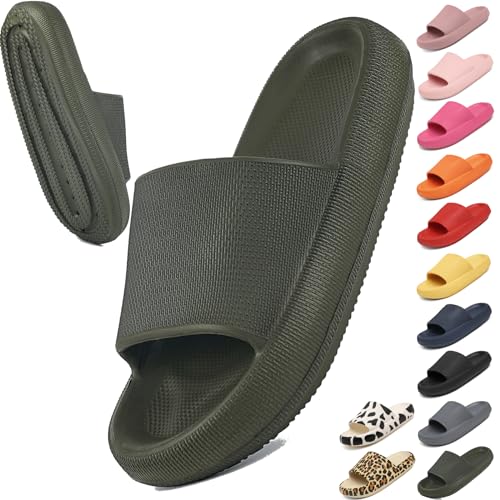 Geweo Hausschuhe Badeschuhe Herren Damen Pantoffeln Badeschlappen Super Weich Rutschfeste Unisex Strand Sandalen Indoor Slippers Dicke Sohle Duschsandale Oliv Grün 38/39EU von Geweo