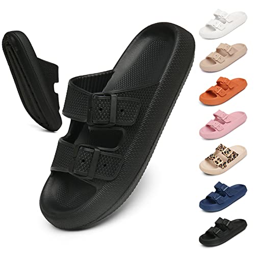 Geweo Hausschuhe Badeschuhe Pantoffeln Herren Damen Doppelschnalle Badeschlappen Rutschfeste Unisex Strand Sandalen Indoor Slippers Dicke Sohle Duschsandale Schwarz 42/43EU von Geweo