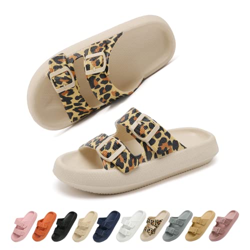 Geweo Sandalen Slides für Damen Hausschuhe Herren Dick EVA Badelatschen mit Schnalle Super Weich Wolken Schuhe Badeschlappen Rutschfeste Badeschuhe Bequem Cozy Slides Slippers Unisex Leopard 39/40EU von Geweo