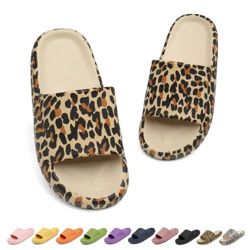 Geweo Hausschuhe Damen Herren Super Weich Wolken Hausschuhe Dick EVA Badeschlappen Rutschfeste Badelatschen für Stand Sommer Pantoffeln Leicht Cozy Slides Bequem Cloud Latschen Unisex Leopard 44-45EU von Geweo