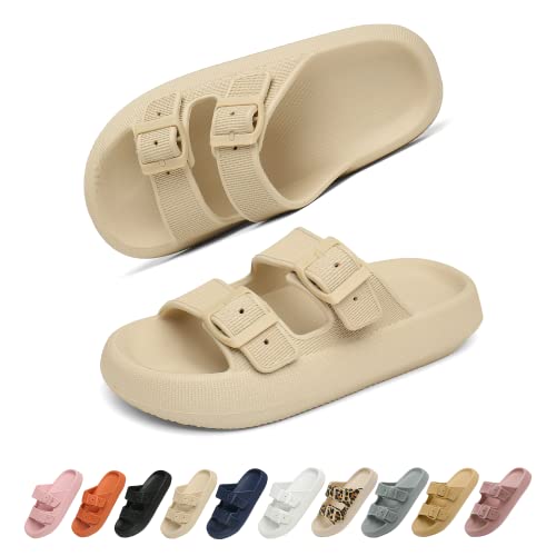 Geweo Sandalen Slides für Damen Hausschuhe Herren Dick EVA Badelatschen mit Schnalle Super Weich Wolken Schuhe Badeschlappen Rutschfeste Badeschuhe Bequem Cozy Slides Slippers Unisex Beige 40/41EU von Geweo