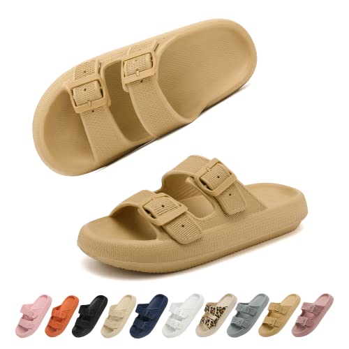 Geweo Sandalen Slides für Damen Hausschuhe Herren Dick EVA Badelatschen mit Schnalle Super Weich Wolken Schuhe Badeschlappen Rutschfeste Badeschuhe Bequem Cozy Slides Slippers Unisex Braun 35/36EU von Geweo