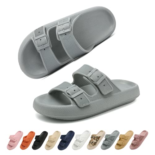 Geweo Sandalen Slides für Damen Hausschuhe Herren Dick EVA Badelatschen mit Schnalle Super Weich Wolken Schuhe Badeschlappen Rutschfeste Badeschuhe Bequem Cozy Slides Slippers Unisex Grau 37/38EU von Geweo