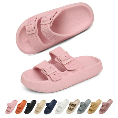 Geweo Sandalen Slides für Damen Hausschuhe Herren Dick EVA Badelatschen mit Schnalle Super Weich Wolken Schuhe Badeschlappen Rutschfeste Badeschuhe Bequem Cozy Slides Slippers Unisex Rosa 42/43EU von Geweo