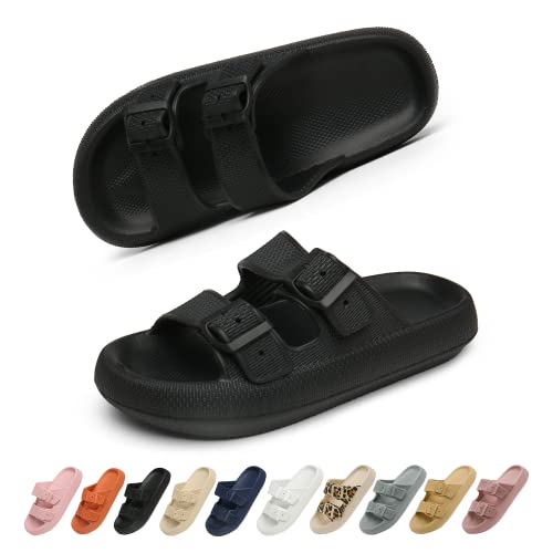 Geweo Sandalen Slides für Damen Hausschuhe Herren Dick EVA Badelatschen mit Schnalle Super Weich Wolken Schuhe Badeschlappen Rutschfeste Badeschuhe Bequem Cozy Slides Slippers Unisex Schwarz 42/43EU von Geweo