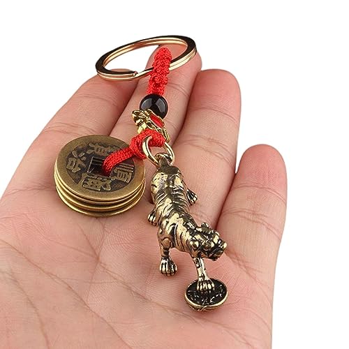 Gexifei Messing Reichtum Tiger Schlüsselanhänger Anhänger Amulett chinesischer Knoten handgewebtes Seil 01 von Gexifei