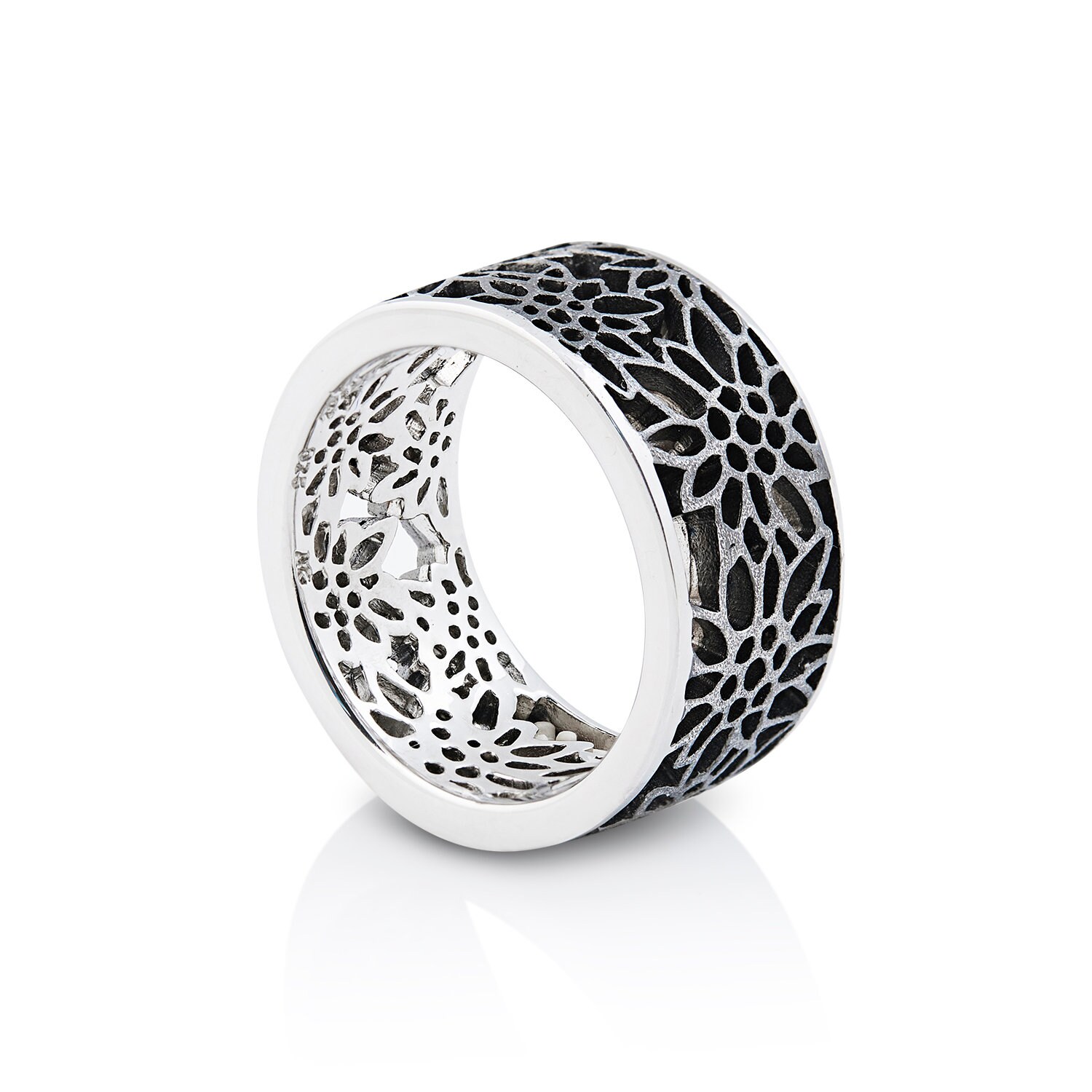 Breiter Ring Aus Sterlingsilber Mit Edelweiss Filigran Rhodium Schwarz von Gexist