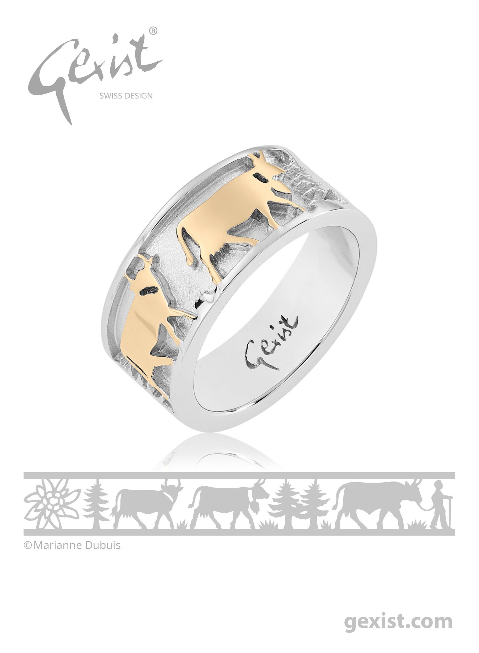 Zweifarbiger Sterling Silber Ring Mit Einem Edelweiß Senn Und Kühen von Gexist