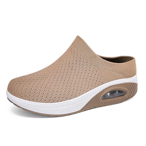 Damen Clogs Hausschuhe Slip-On Atmungsaktiv Mesh Pantoletten Sommer rutschfest Gartenschuhe Orthopädische Schuhe Sandalen mit Luftpolste 3006 Khaki EU 39 von Geymxzik