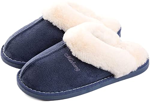 Geymxzik Damen Herren Hausschuhe Winter Warm Faux Pelz Slipper Weiche Flache Plüsch Pantoffel rutschfeste Outdoor/Indoor, 42.5/44EU, Blau von Geymxzik