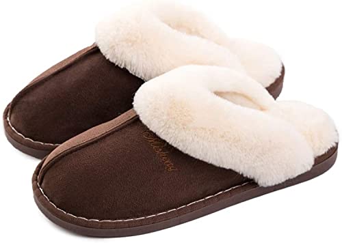 Geymxzik Damen Herren Hausschuhe Winter Warm Faux Pelz Slipper Weiche Flache Plüsch Pantoffel rutschfeste Outdoor/Indoor, 42.5/44EU, Dunkelbraun von Geymxzik