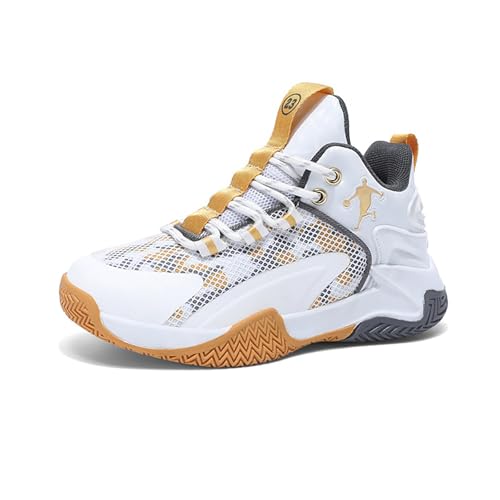 Geymxzik Basketballschuhe für Jungen Mädchen High Top Sneaker Outdoor Leicht Sportschuhe Kinder Basketballschuhe 30-52EU 527 Weiß Gold EU 35 von Geymxzik