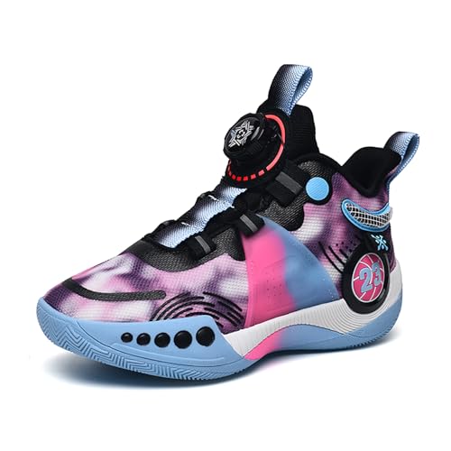 Geymxzik Kinder Basketballschuhe Jungen Turnschuhe Mädchen Sportschuhe Leicht Atmungsaktive High Top Sneaker Kinderschuhe mit Drehknopfe 2308 schwarz lila EU 39 von Geymxzik