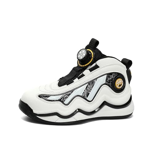 Geymxzik Kinder Basketballschuhe Jungen Turnschuhe Mädchen Sportschuhe Leicht Atmungsaktive High Top Sneaker Kinderschuhe mit Drehknopfe BN2369 weiß EU 34 von Geymxzik