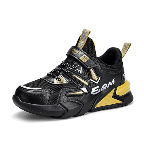 Geymxzik Kinder Turnschuhe Jungen Mädchen Laufschuhe Atmungsaktiv Kinderschuhe Outdoor Klettverschluss Sportschuhe Freizeit Sneaker Leicht Hallenschuhe CF897 Schwarzes Gold EU 34 von Geymxzik
