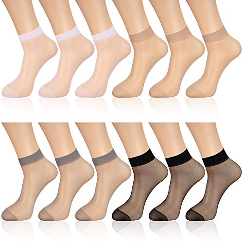 12 Pairs Sheer Ankle Socks Thin Nylon Transparent Ankle High Hosiery Socks Short Dress Stockings for Women Girls (Black, Light Gray, Nude Color, White) von Geyoga