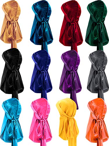 12 Stück Samt Durags Caps Breiter Riemen Headwraps Langer Schwanz Turban Beanies für 360 Wellen Männer Frauen (Mehrfarbig) von Geyoga