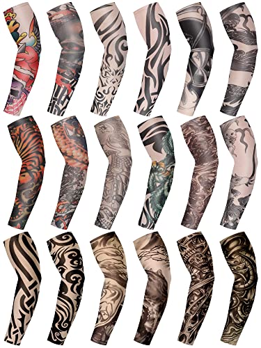 18 Stück temporäre Tattoo-Ärmel Set Kunst gefälschte Slip on Tattoo Arm Ärmel für Frauen Sonnenärmel für Männer gefälschte Tattoos Ärmel (stilvolles Muster) von Geyoga