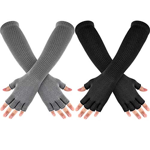 2 Paare Unisex Fingerlose Handschuhe Halbfinger Gestrickt Warme Handschuhe Dehnbare Halbfinger Armstulpen für Männer Frauen, 11 Zoll von Geyoga